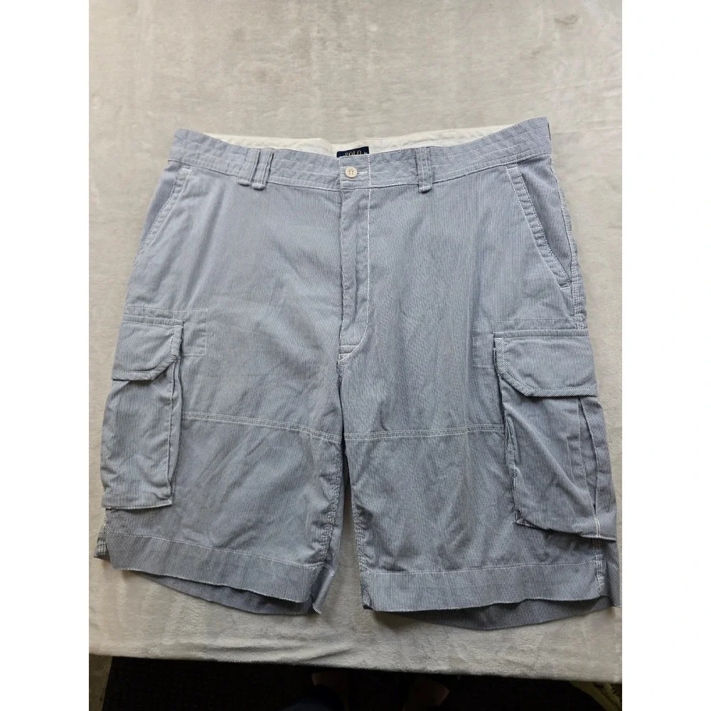 Polo Ralph Lauren‎ Striped Cargo Shorts Mens 44B Blue White Cotton Seersucker